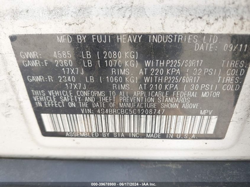 2012 Subaru Outback 2.5I Premium VIN: 4S4BRCBC5C1208747 Lot: 39678980