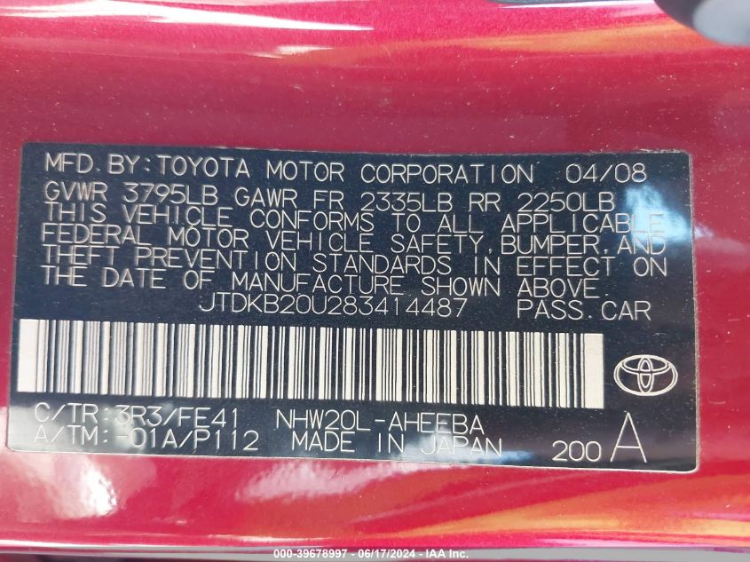 2008 Toyota Prius VIN: JTDKB20U283414487 Lot: 39678997