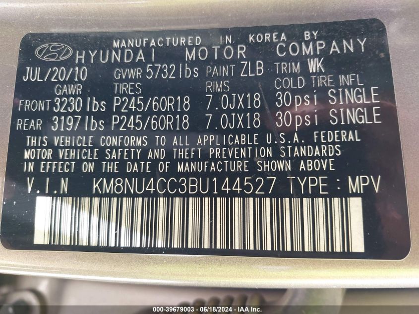 2011 Hyundai Veracruz Limited VIN: KM8NU4CC3BU144527 Lot: 39679003