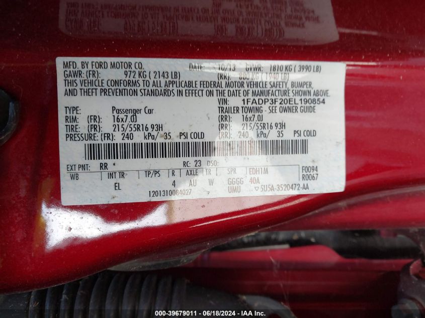 2014 Ford Focus Se VIN: 1FADP3F20EL190854 Lot: 39679011