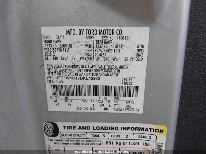 2011 Ford F-150 Fx2 VIN: 1FTFW1CT7BKE15263 Lot: 39679012