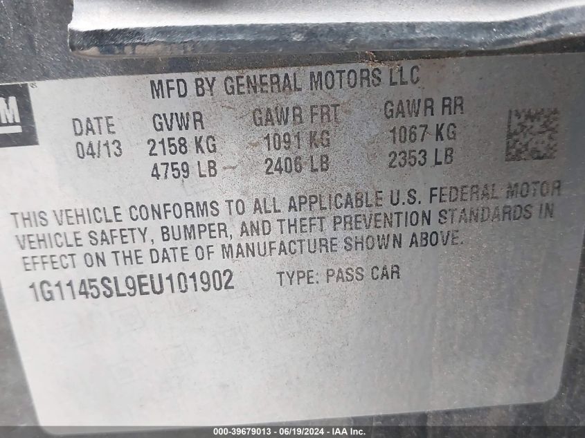 2014 Chevrolet Impala 1Lz VIN: 1G1145SL9EU101902 Lot: 39679013