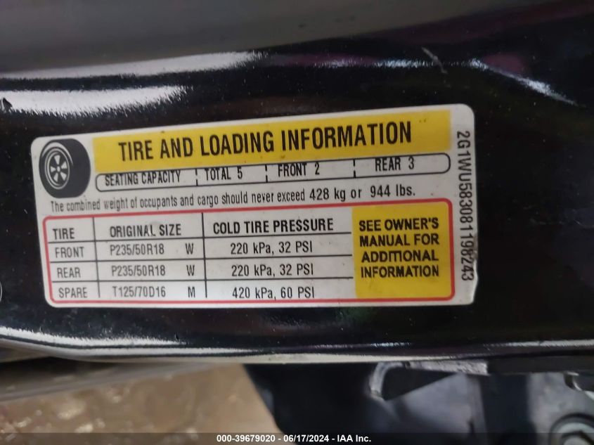 2008 Chevrolet Impala Ltz VIN: 2G1WU583081198243 Lot: 39679020