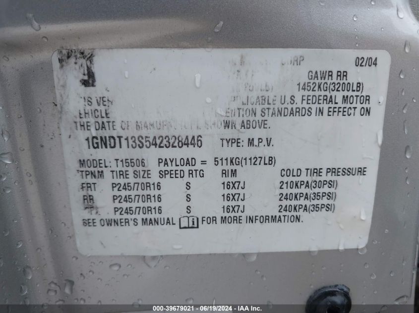 2004 Chevrolet Trailblazer Ls VIN: 1GNDT13S542328446 Lot: 39679021