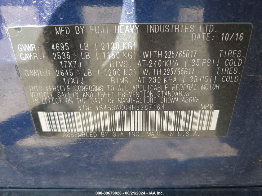 2017 Subaru Outback 2.5I Premium VIN: 4S4BSACC9H3287164 Lot: 39679025