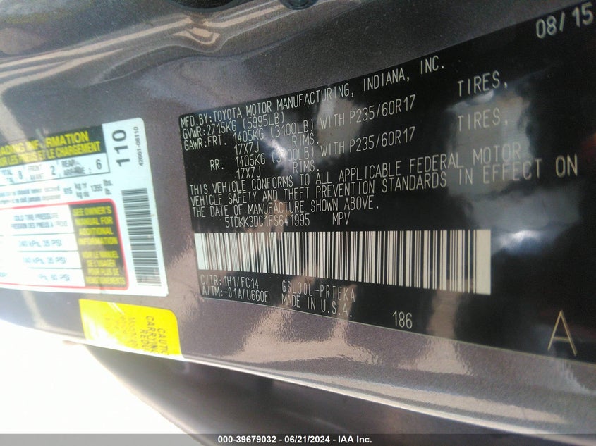 2015 Toyota Sienna Le 8 Passenger VIN: 5TDKK3DC1FS641995 Lot: 39679032