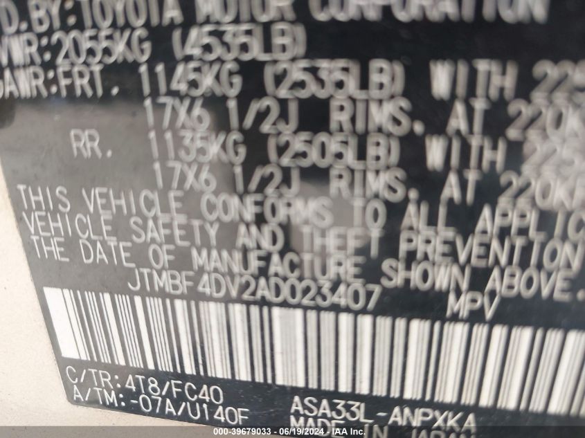 2010 Toyota Rav4 VIN: JTMBF4DV2AD023407 Lot: 39679033