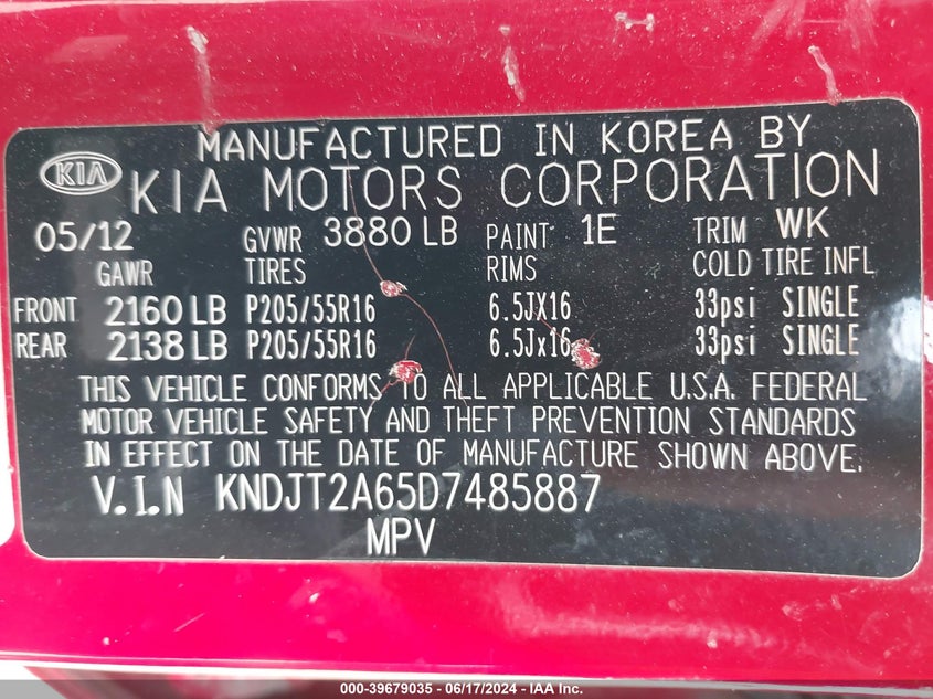 2013 Kia Soul + VIN: KNDJT2A65D7485887 Lot: 39679035