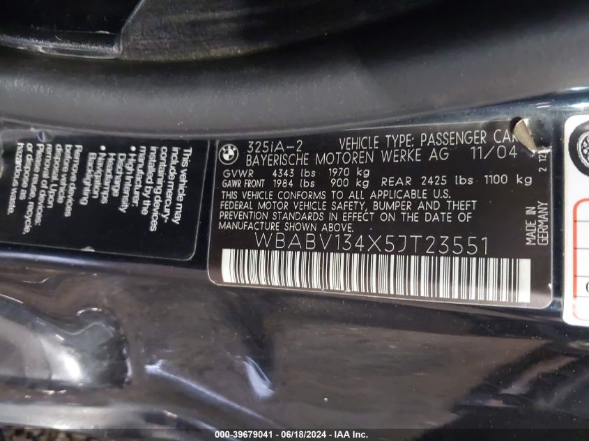 2005 BMW 325Ci VIN: WBABV134X5JT23551 Lot: 39679041