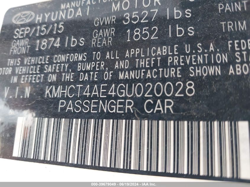 2016 Hyundai Accent Se VIN: KMHCT4AE4GU020028 Lot: 39679049