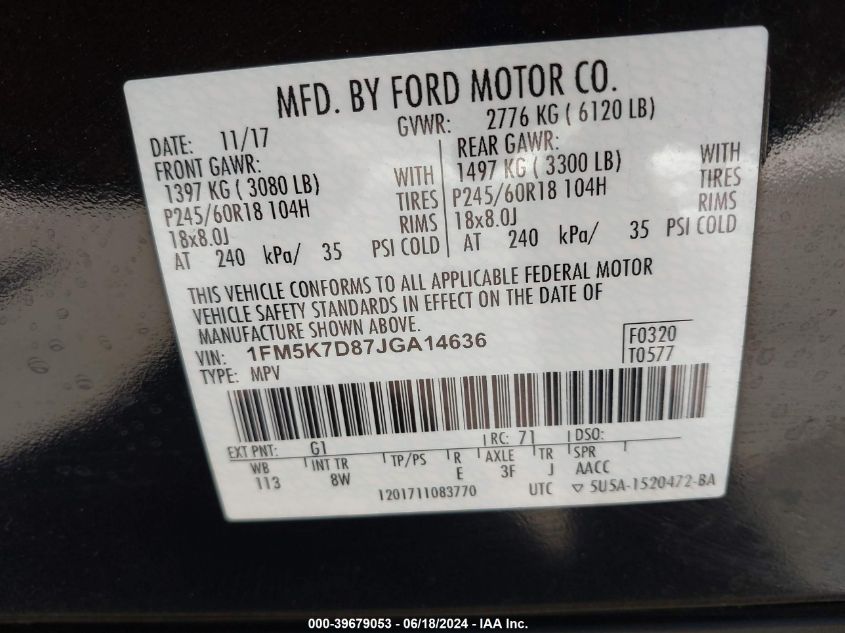 2018 Ford Explorer Xlt VIN: 1FM5K7D87JGA14636 Lot: 39679053