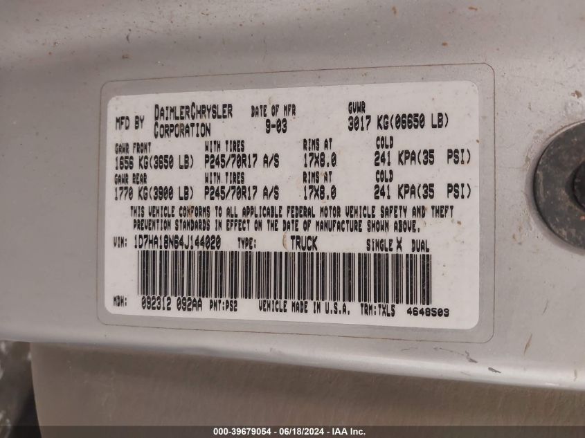 2004 Dodge Ram 1500 St VIN: 1D7HA18N64J144020 Lot: 39679054