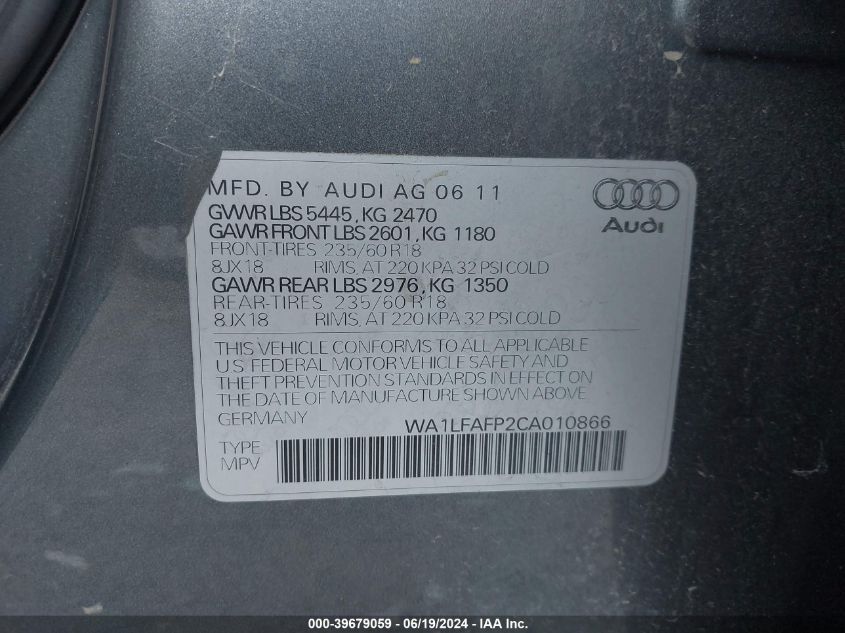 2012 Audi Q5 Premium Plus VIN: WA1LFAFP2CA010866 Lot: 39679059