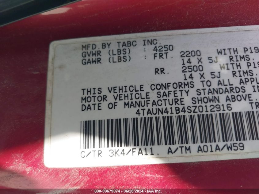 1995 Toyota Tacoma VIN: 4TAUN41B4SZ012916 Lot: 39679074