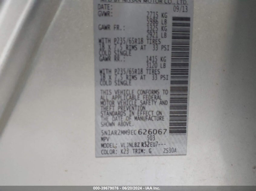 2014 Nissan Pathfinder S/Sv/Sl/Platinum VIN: 5N1AR2MM9EC626067 Lot: 39679076