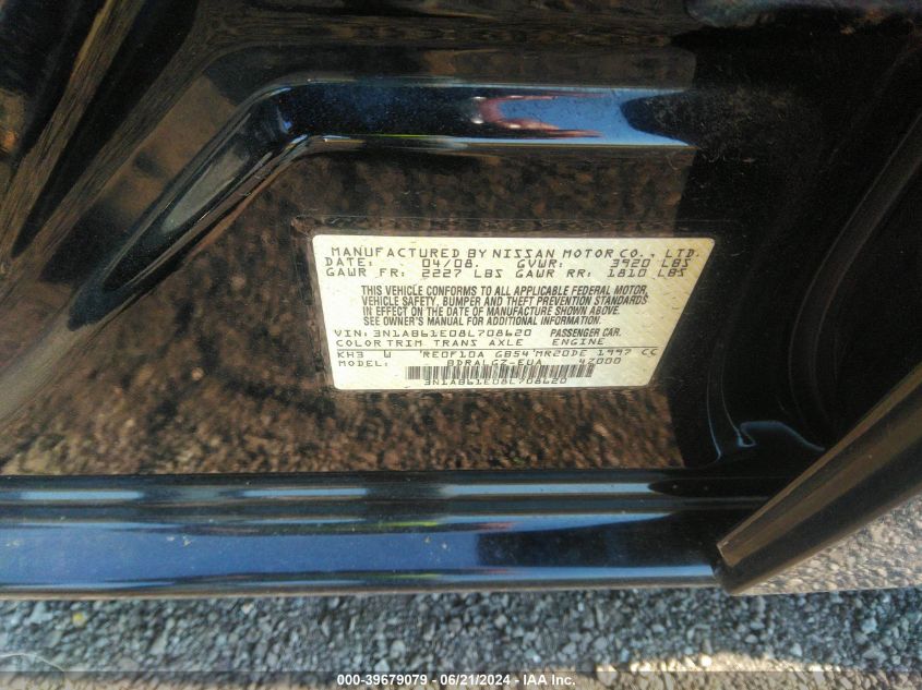 2008 Nissan Sentra 2.0/2.0S/2.0Sl VIN: 3N1AB61E08L708620 Lot: 39679079