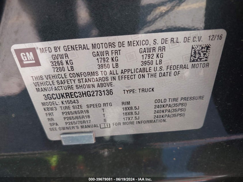 2017 CHEVROLET SILVERADO 1500 2LT VIN: 3GCUKREC3HG273136
