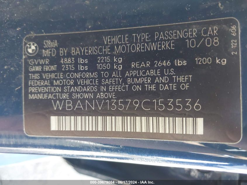 2009 BMW 528I xDrive VIN: WBANV13579C153536 Lot: 39679084