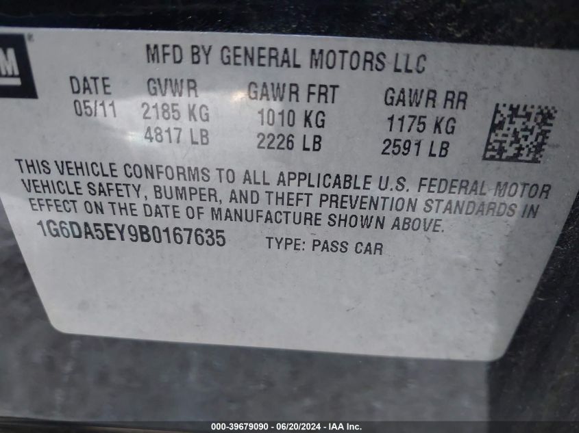 2011 Cadillac Cts VIN: 1G6DA5EY9B0167635 Lot: 39679090