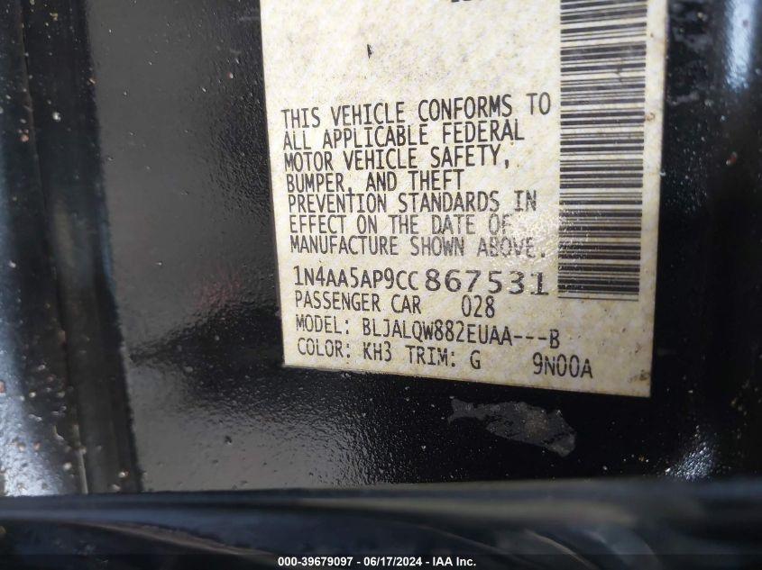 2012 Nissan Maxima 3.5 S VIN: 1N4AA5AP9CC867531 Lot: 39679097