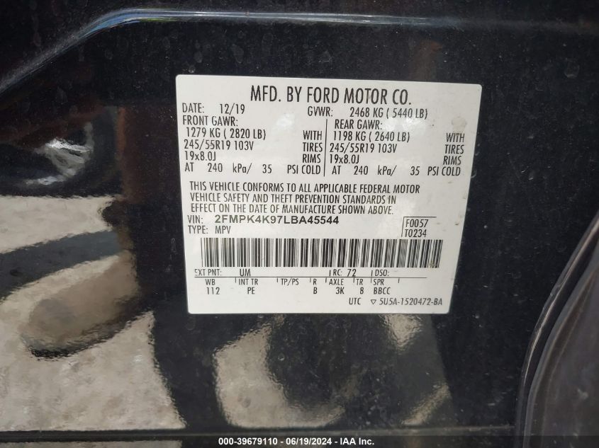 2020 Ford Edge Titanium VIN: 2FMPK4K97LBA45544 Lot: 39679110