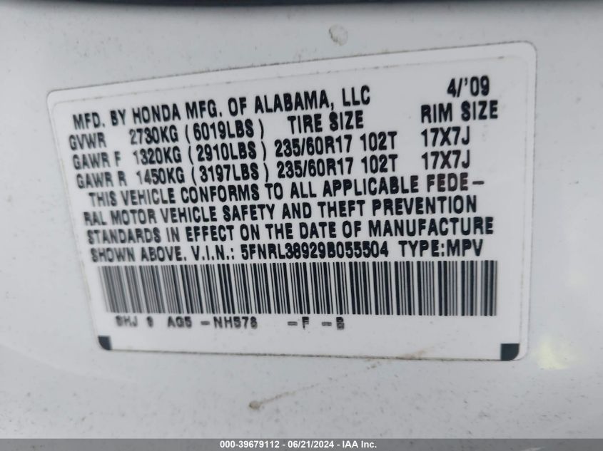 2009 Honda Odyssey Touring VIN: 5FNRL38929B055504 Lot: 39679112