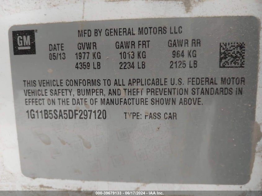 2013 Chevrolet Malibu 1Ls VIN: 1G11B5SA5DF297120 Lot: 39679133