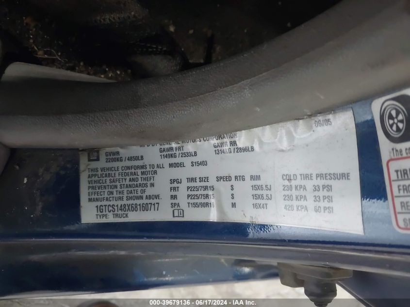 2006 GMC Canyon Sl VIN: 1GTCS148X68160717 Lot: 39679136