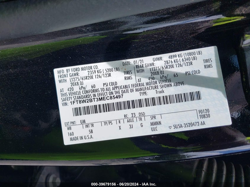 2021 Ford F-250 Lariat VIN: 1FT8W2BT3MEC85497 Lot: 39679156