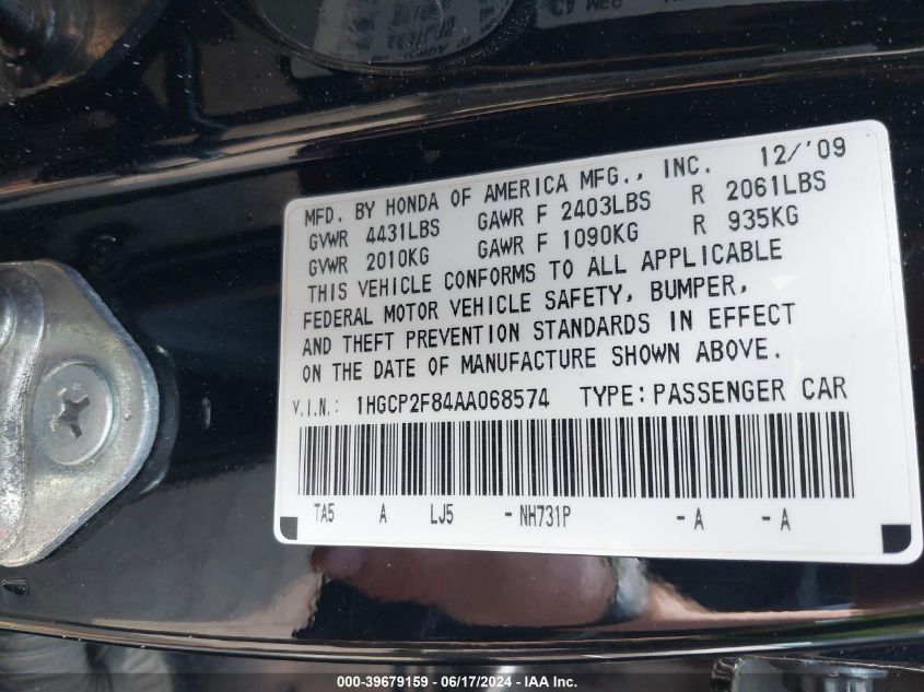 1HGCP2F84AA068574 | 2010 HONDA ACCORD