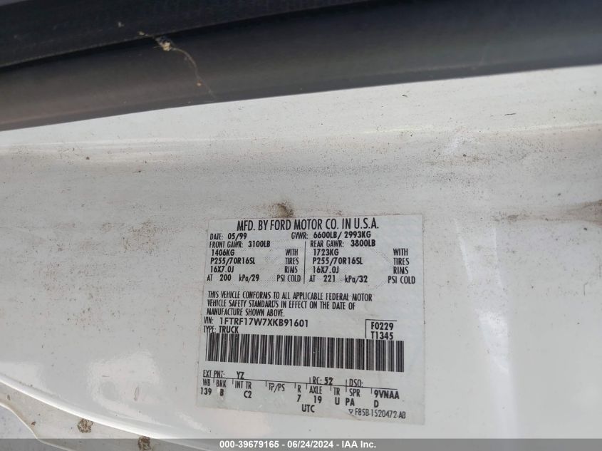 1999 Ford F-150 Lariat/Work Series/Xl/Xlt VIN: 1FTRF17W7XKB91601 Lot: 39679165