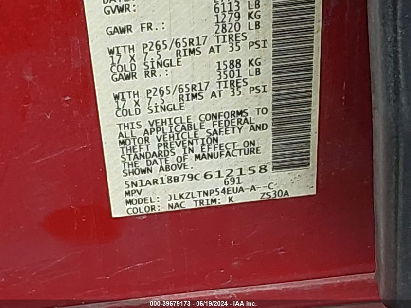 2009 Nissan Pathfinder Se VIN: 5N1AR18B79C612158 Lot: 39679173