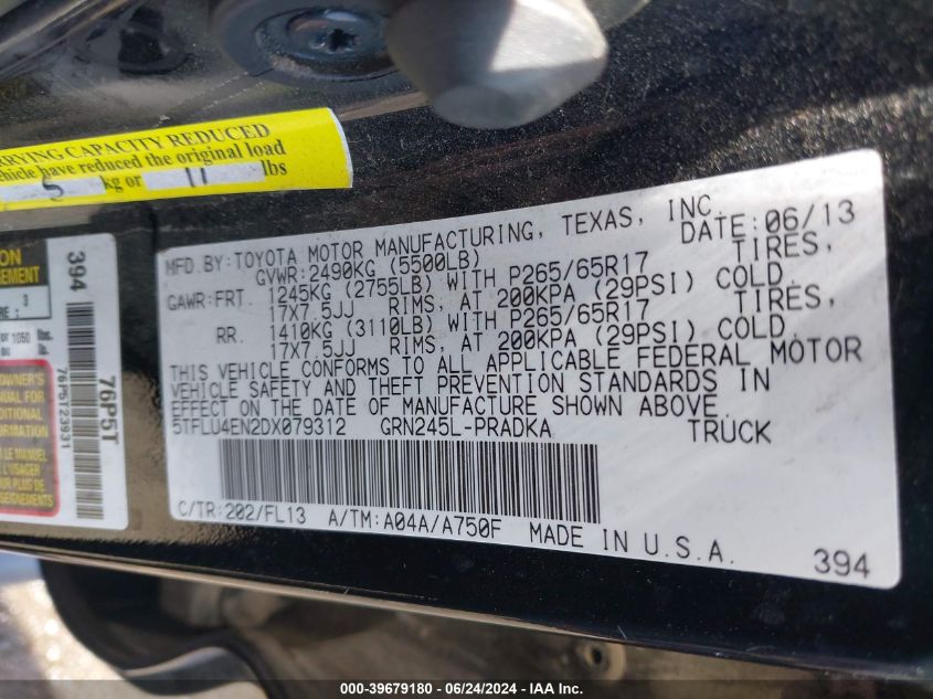 2013 Toyota Tacoma Base V6 VIN: 5TFLU4EN2DX079312 Lot: 39679180