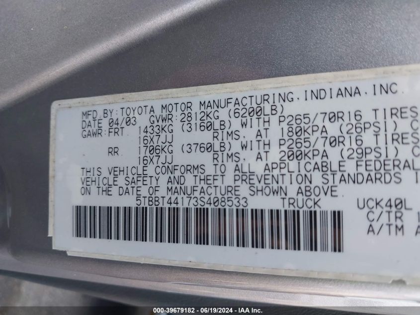 2003 Toyota Tundra Access Cab Sr5 VIN: 5TBBT44173S408533 Lot: 39679182