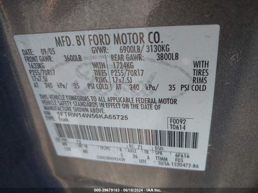 2006 Ford F-150 Xlt VIN: 1FTRW14W56KA65725 Lot: 39679183