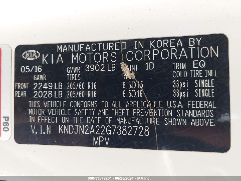 2016 Kia Soul VIN: KNDJN2A22G7382728 Lot: 39679201