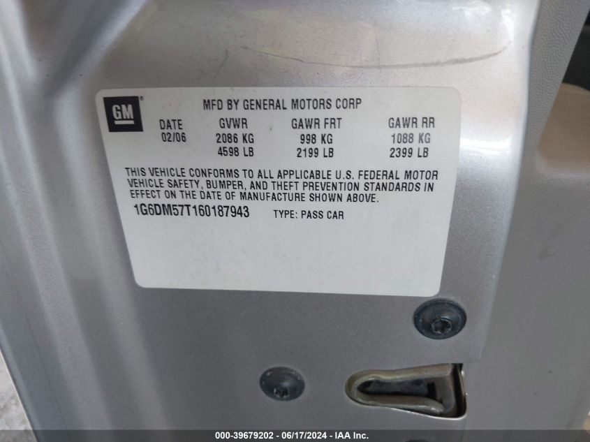 2006 Cadillac Cts Standard VIN: 1G6DM57T160187943 Lot: 39679202