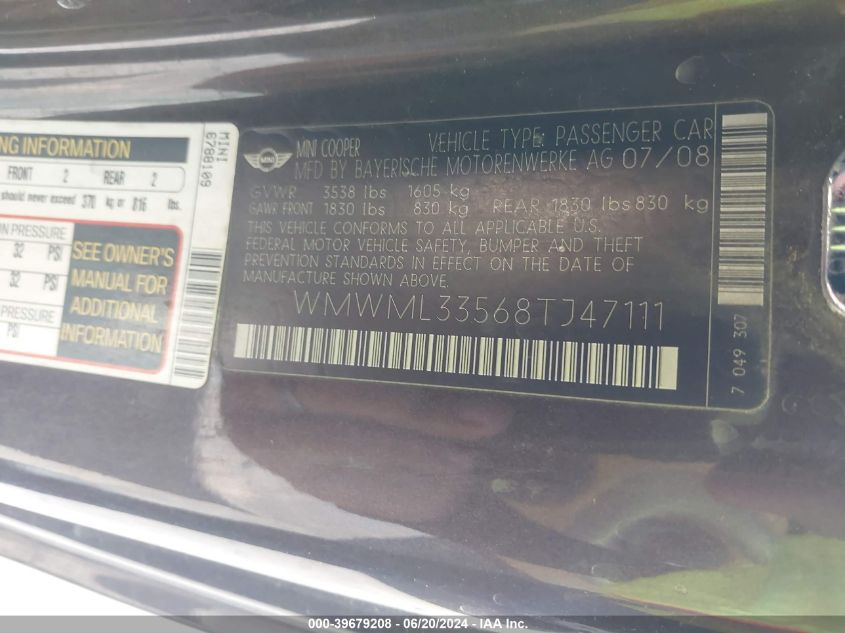 2008 Mini Cooper Clubman VIN: WMWML33568TJ47111 Lot: 39679208
