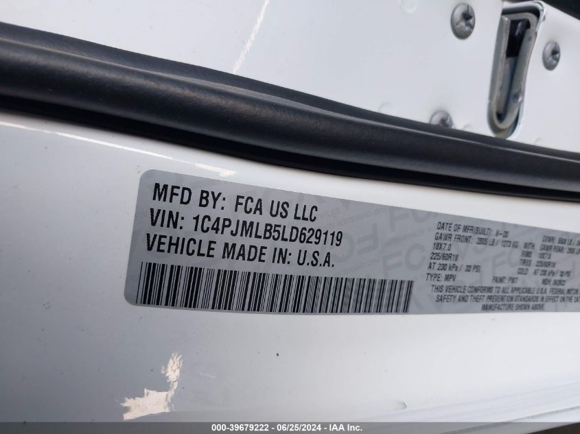 2020 Jeep Cherokee Altitude 4X4 VIN: 1C4PJMLB5LD629119 Lot: 39679222