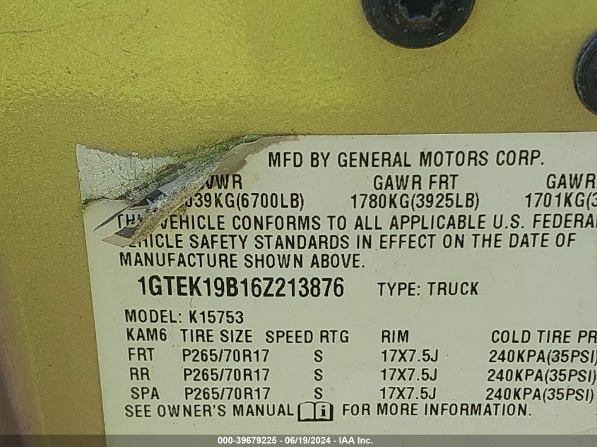 2006 GMC New Sierra K1500 VIN: 1GTEK19B16Z213876 Lot: 39679225