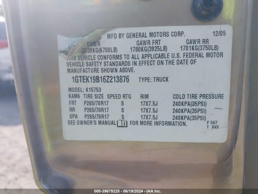 2006 GMC New Sierra K1500 VIN: 1GTEK19B16Z213876 Lot: 39679225
