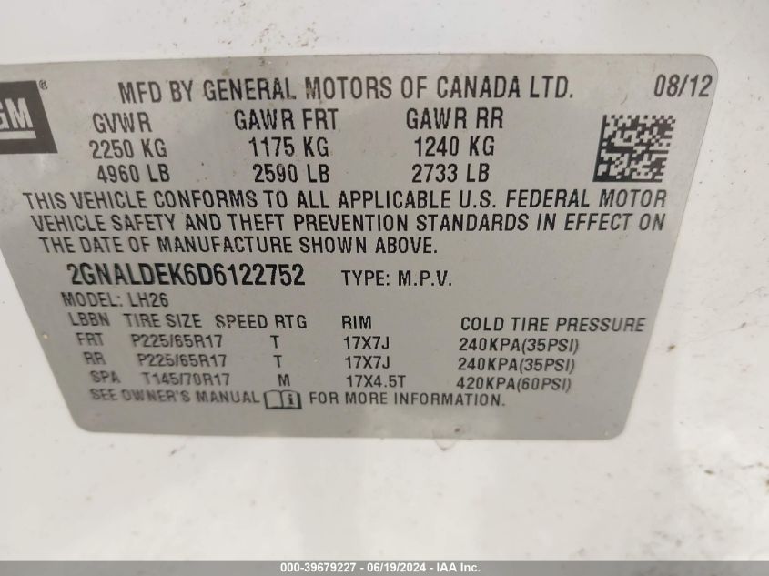 2013 Chevrolet Equinox Lt VIN: 2GNALDEK6D6122752 Lot: 39679227