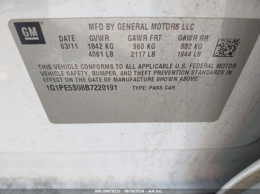 2011 Chevrolet Cruze Lt VIN: 1G1PE5S98B7220191 Lot: 39679232