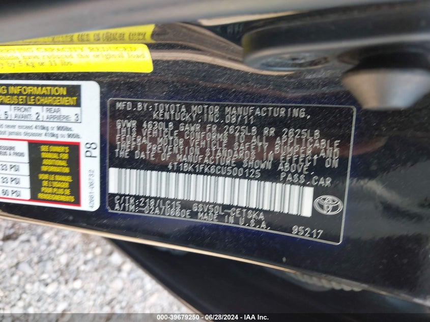 2012 Toyota Camry Se V6 VIN: 4T1BK1FK6CU500125 Lot: 39679250