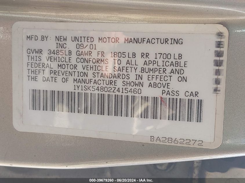 2002 Chevrolet Prizm VIN: 1Y1SK54802Z415460 Lot: 39679260