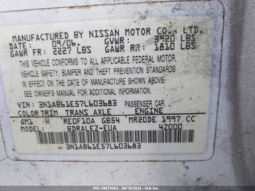 2007 Nissan Sentra 2.0S VIN: 3N1AB61E57L603683 Lot: 39679263