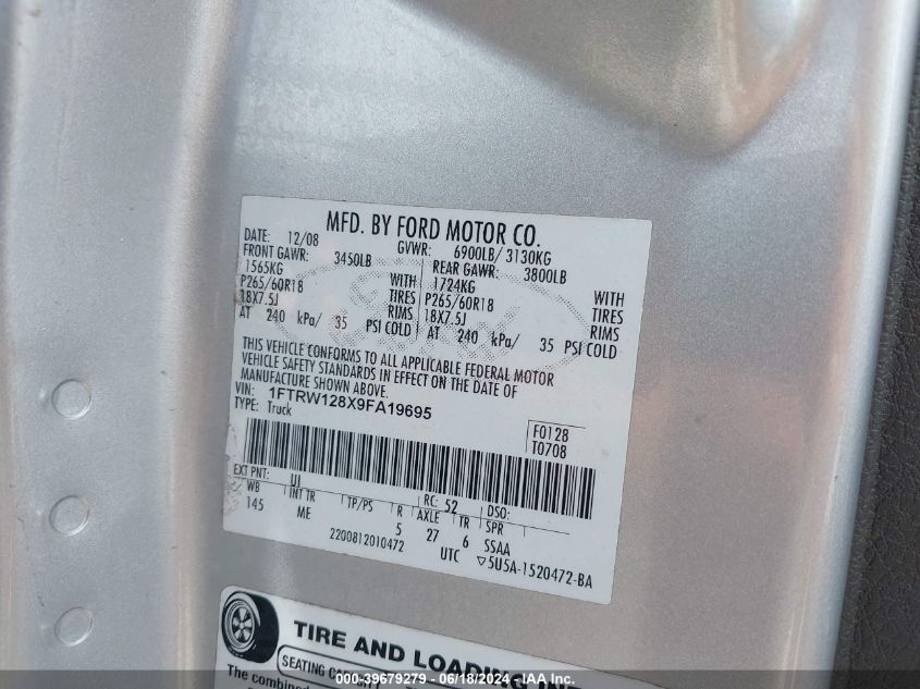 2009 Ford F-150 Xl/Xlt VIN: 1FTRW128X9FA19695 Lot: 39679279