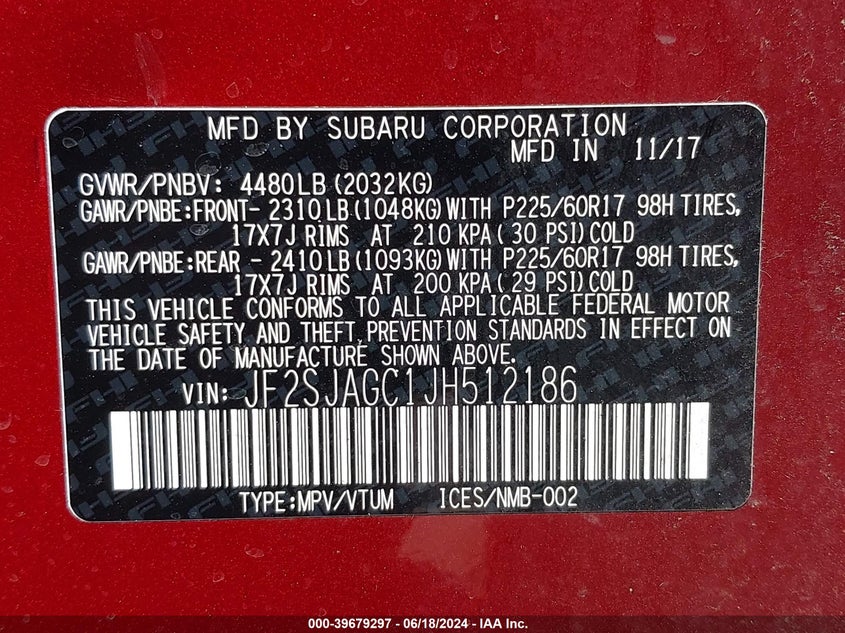 2018 Subaru Forester 2.5I Premium VIN: JF2SJAGC1JH512186 Lot: 39679297