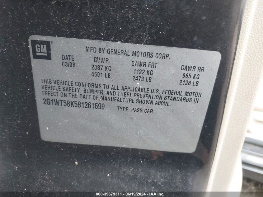 2008 Chevrolet Impala Lt VIN: 2G1WT58K581261699 Lot: 39679311