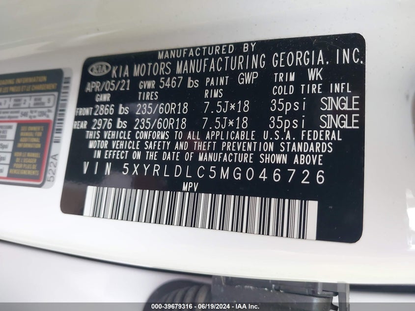2021 Kia Sorento S VIN: 5XYRLDLC5MG046726 Lot: 39679316